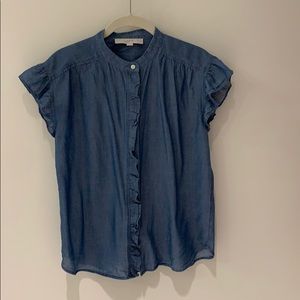 LOFT Chambray Button down Ruffle Sleeve blouse